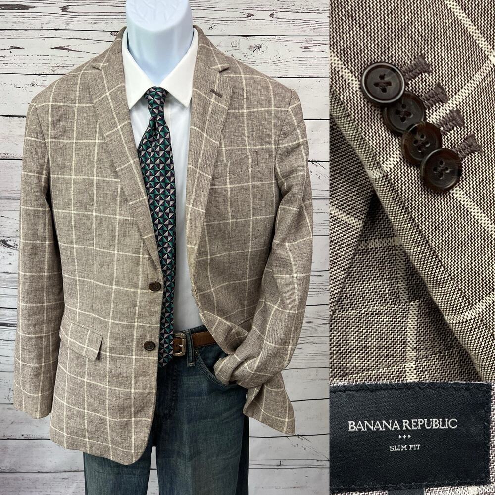 Banana Republic 2 Button Linen Blazer Men 38R Windowpane Jacket Sport Coat Brown